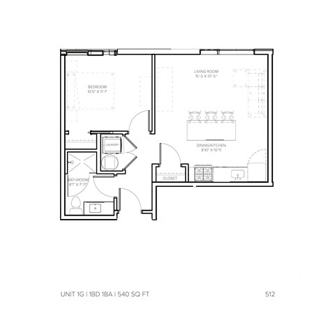 Floor plan for 1 bed, 1 bath, 540 sqft
